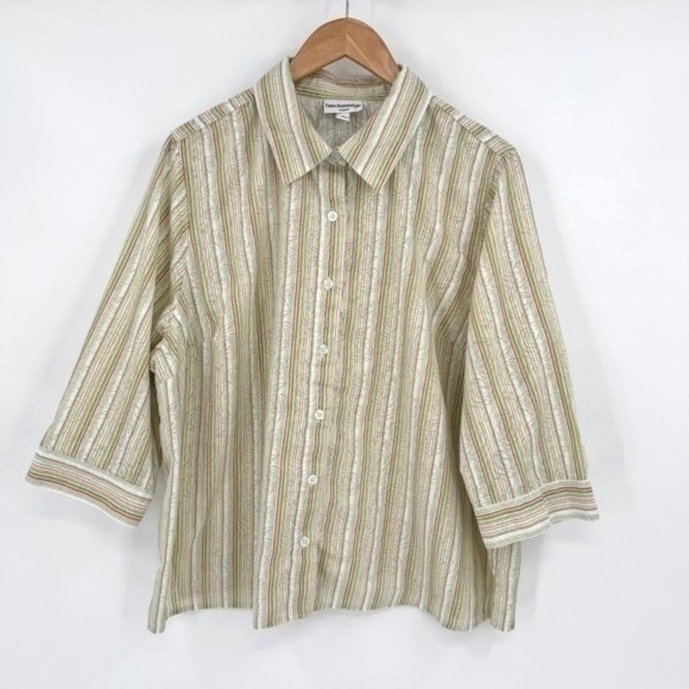 Breckenridge Green/Pink Striped Floral‎ Button Up 3/4 Sleeve Blouse Women's 2X